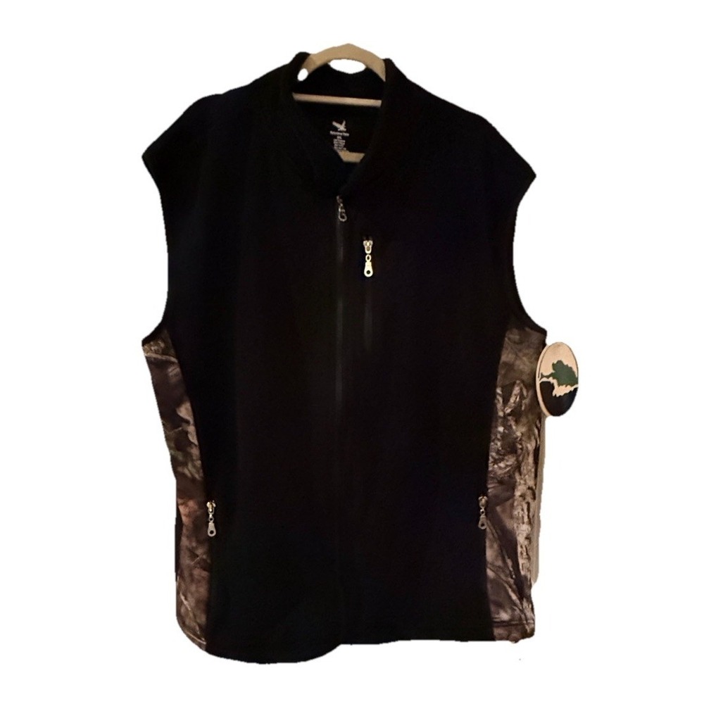 Mossy Oak Performance Fleece Vest 2XL Black Camo Panels Full Zip Hunting NWT